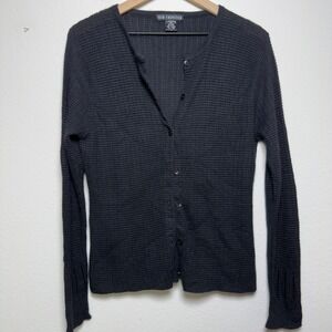 VTG 90s Women Silk Cotton Angora Cardigan Sweater Black Beaded Cuff Waffle Knit